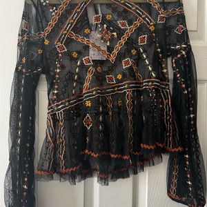 Free People Orange and Black Embellished Ruffled Long Sleeve Blouse